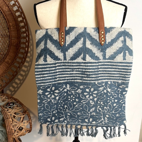 Tote bag in woven fabric and faux leather handles - Picture 1 of 6